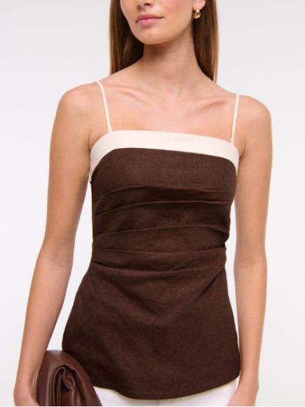 Abercrombie & Fitch Linen Blend Strapless Contrast Trim Tank Top In Chocolate